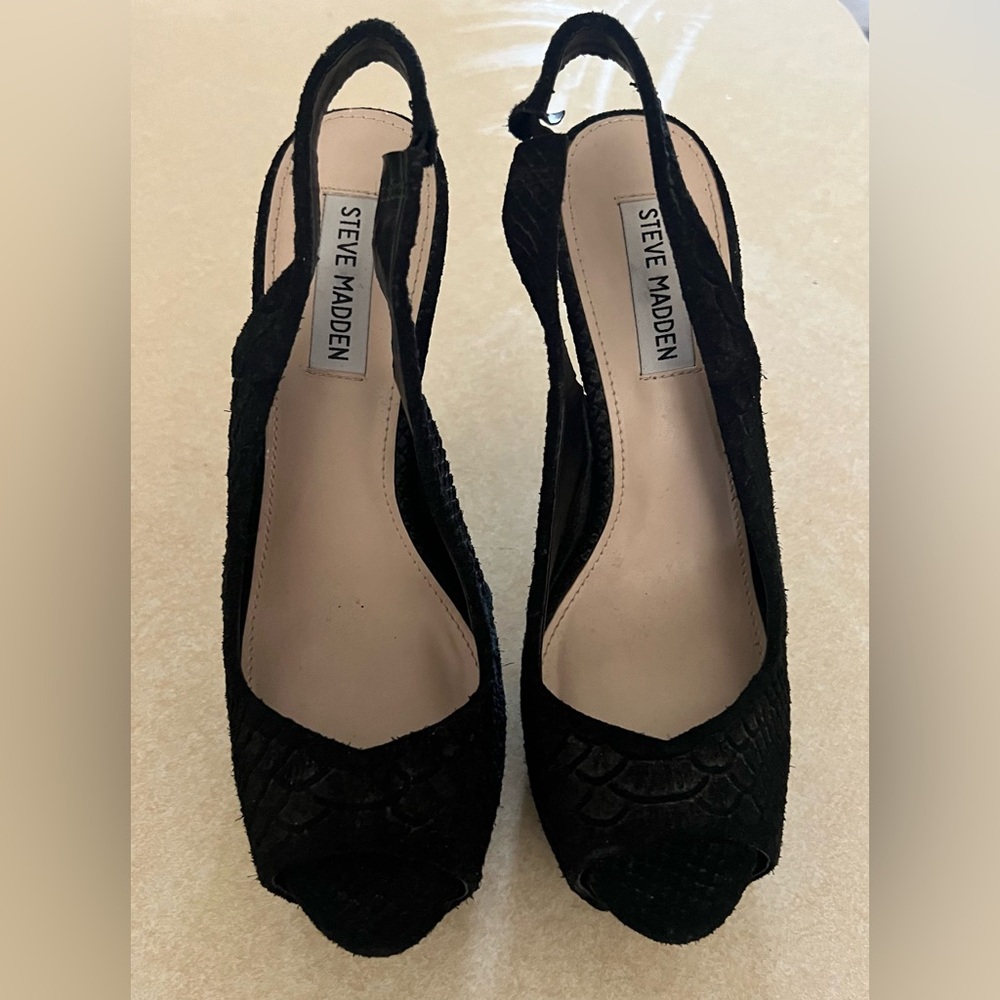 Steve Madden Aidn Black Snakeskin Peep-Toe Slingback Platform Stilettos Size 9 - Picture 8 of 10